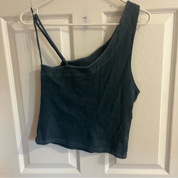 Free People Tan Lines Tank Top One Shoulder Teal Green Ribbed size L - Picture 4 of 4